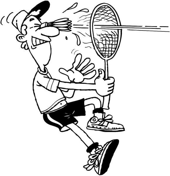Badminton birdie going thru the racket and hitting player vinyl sticker. Customize on line. Sports 085-1278